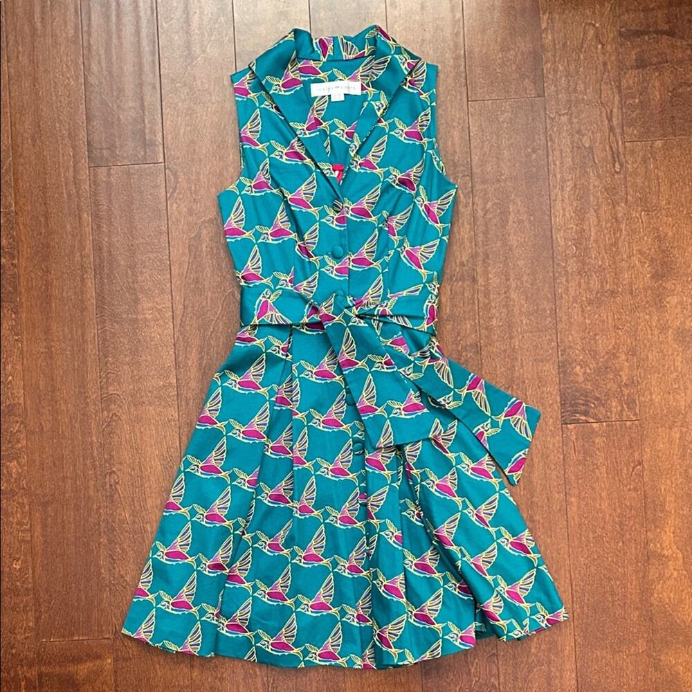 Lesley Evers Retro Teal Hummingbird Novelty Print Sleeveless Dress, Size XS